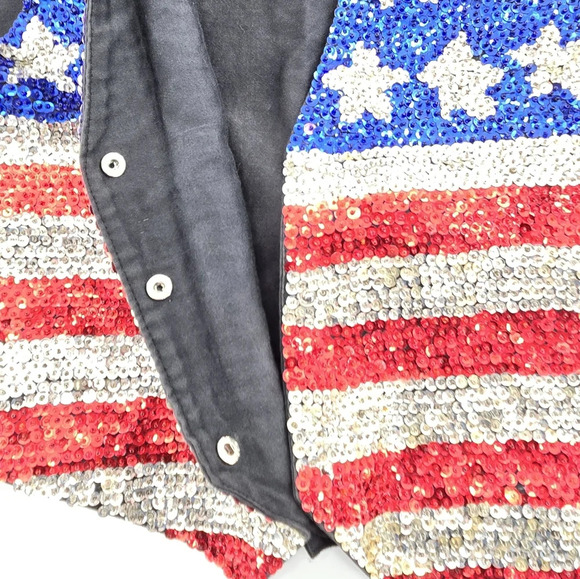 Vintage Tan Chho American Flag Sequince Snap Button Vest - Picture 3 of 12